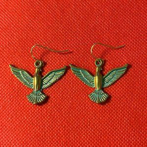 Verdigris Patina Flying Birds Gold Tone French Hook Pierced Earrings